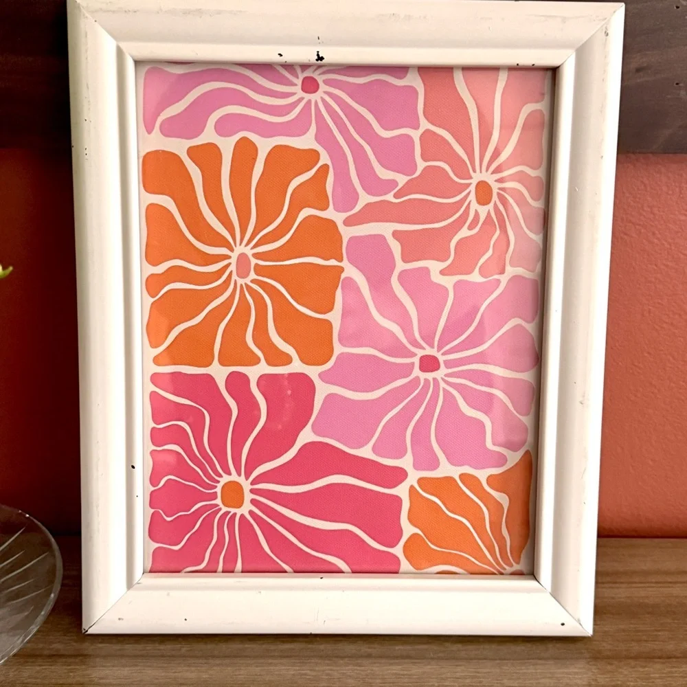 Pink Orange Flower Power Canvas Art Print Framed Bohemian Hippie 70’s Wall Art
